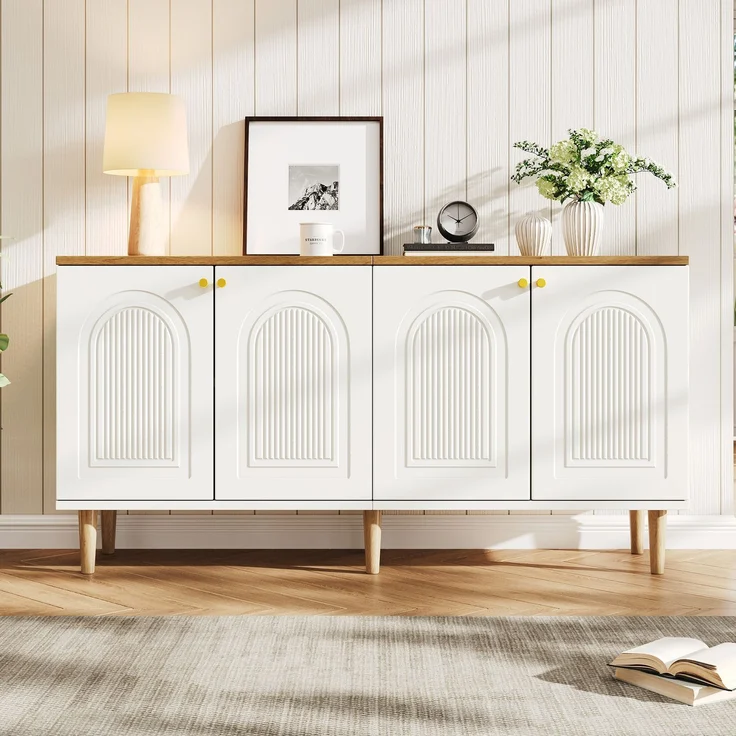 Sideboard 140 x 35 x 71 cm aus MDF und Spanplatte, 4 Türen mit 3D-Relief, Weiß und Holzton – Bild 3