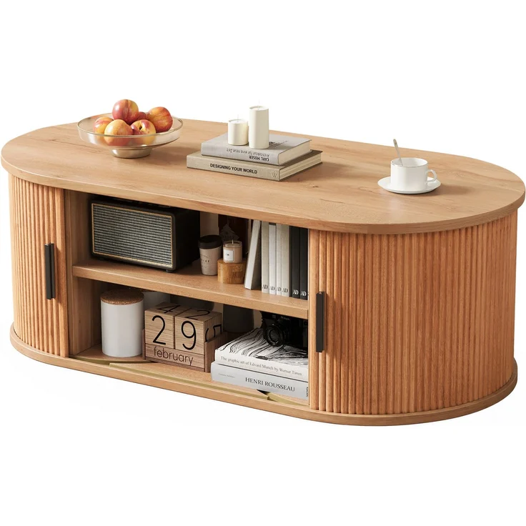 Couchtisch 100 x 50 x 33 cm, mit ovaler Tischplatte, mit verdeckt liegendem Stauraum, aus MDF und Spanplatte, Naturfarben – Bild 15