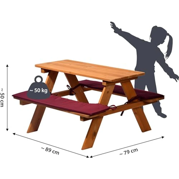 dobar® Picknicktisch für Kinder, Sitzbank aus Massiv-Holz mit 2 Sitzauflagen, wetterfest, FSC-zertifiziert, 89 x 79 x 50 cm, Braun/Rot – Bild 3