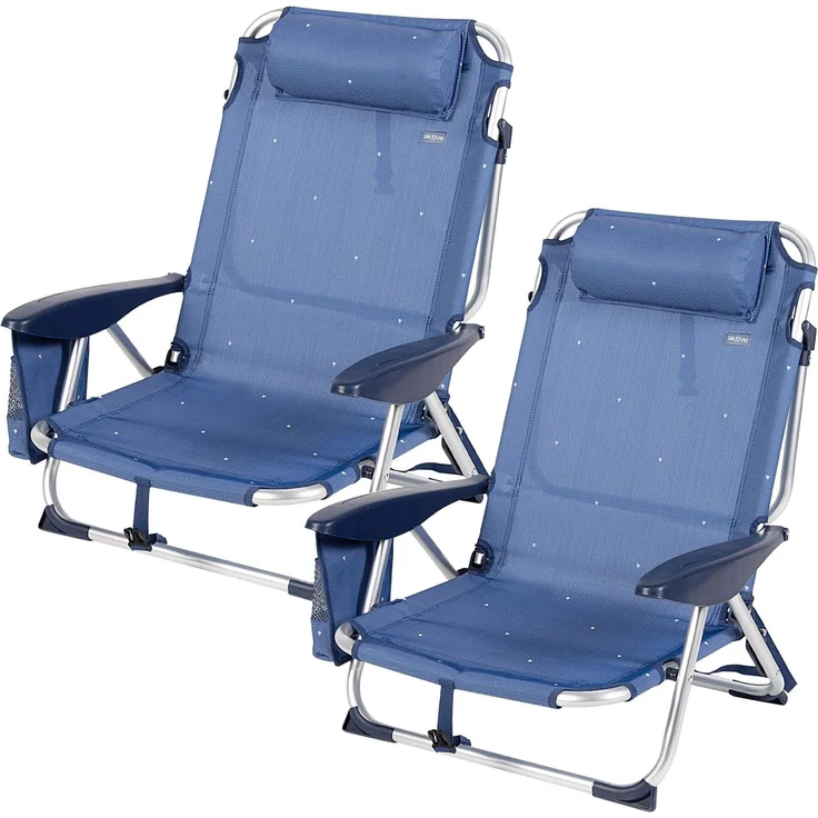 AKTIVE Packung mit 2 Strandstühlen, niedrig, neigbar in 4 Positionen, Kippschutz, mit Kissen und Seitentasche, leichtes Aluminiumgestell, für Strand oder Garten, 51 x 45 x 76 cm (62290)