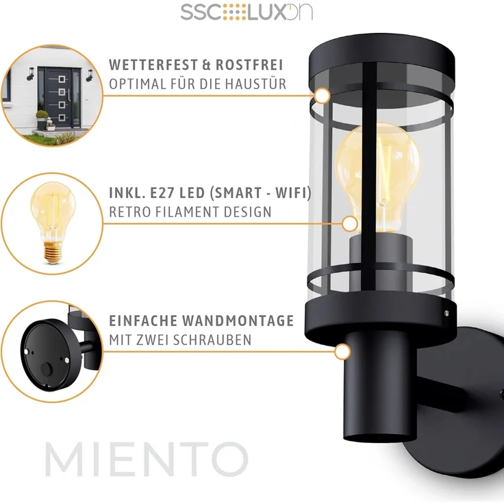 SSC-LUXon LED Außen-Wandleuchte MIENTO Wandlaterne fuer Aussen IP44 mit Smart E27 Filament Birne Alexa, Warmweiß bis Tageslicht – Bild 5