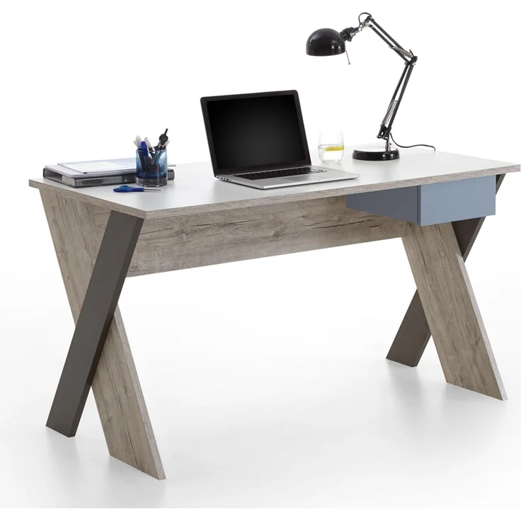 Jugendzimmer Komplett-Set mit Bett 140x200 cm mit Kleiderschrank LEEDS-10 in Sandeiche Nachbildung mit weiß, Lava und Denim Blau – Bild 9