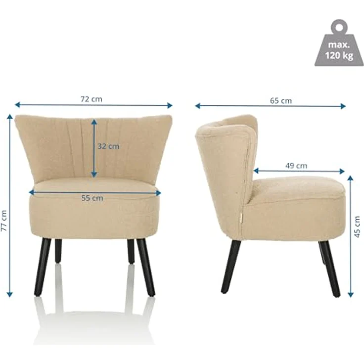 hjh LIVING Bequemer Polstersessel MANISO Teddy-Stoff Beige, Loungesessel Cocktailsessel gepolstert mit schwarzen Holzbeinen – Bild 4