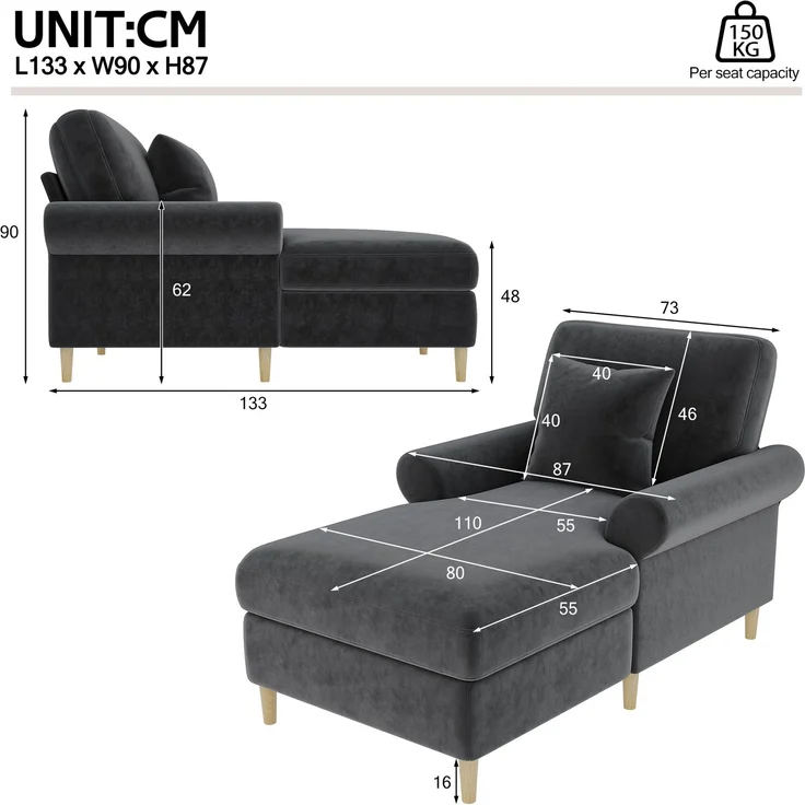 Gepolsterter Relaxsessel, klappbarer Schlafsessel aus hochwertigem Samt, XXL Einzelsessel für Wohn- und Schlafzimmer, Grau, Maße B133 × T87 × H90 cm – Bild 6