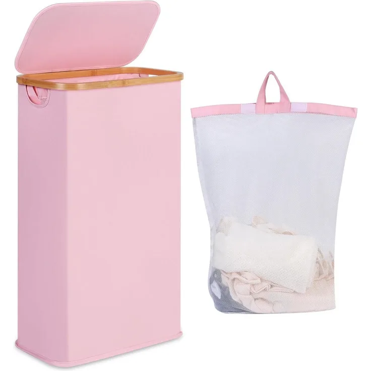 Wäschekorb mit Deckel 60L Rosa Bambusgriff Faltbarer Slim für Schlafzimmer
