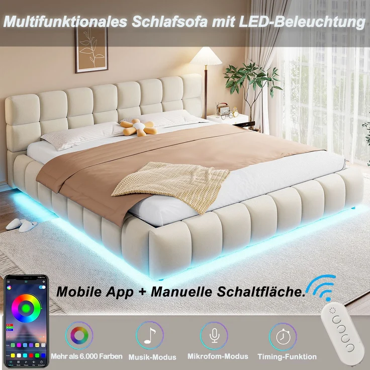 Merax Polsterbett 180 x 200 cm Doppelbett, Mit Lichtleiste, Kopfteil und Bettseiten mit voluminöser, Solider Formgebung, Ausgestattet mit hydraulischer Staufunktion, Samt, Beige – Bild 5