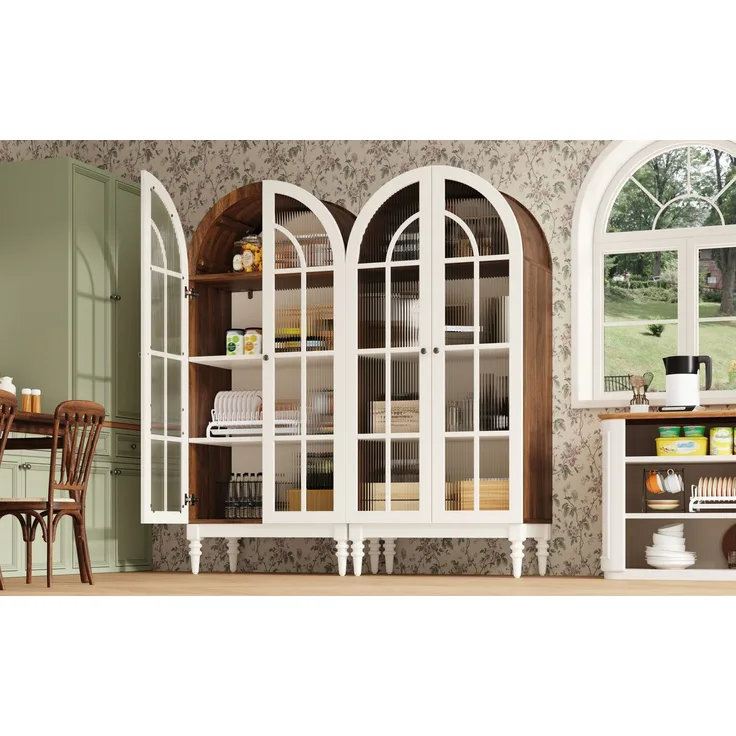 Vitrinenschrank 76 x 38,5 x 165 cm in Weiß mit Bogenfront und Riffelglastüren