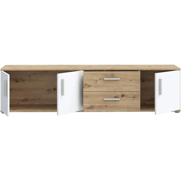 Forte IKOLI TV Schrank 180, modernes Lowboard mit 3 Türen und 2 Schubladen, Wohnzimmer, Holzwerkstoff, Weiß mit Artisan Eiche Holzdekor, 174,3 cm breit x 43,3 cm hoch x 41,3 cm tief – Bild 4