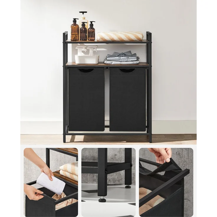 Vasagle Wäschekorb mit 2 Fächer, Metallgestell Vintagebraun/Schwarz, 2x46 L / 73 x 33 x 91 cm – Bild 2
