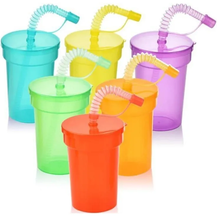 ALINK 6er Pack Neon Kinder Party Becher Set Deckel Strohhalm 380ml