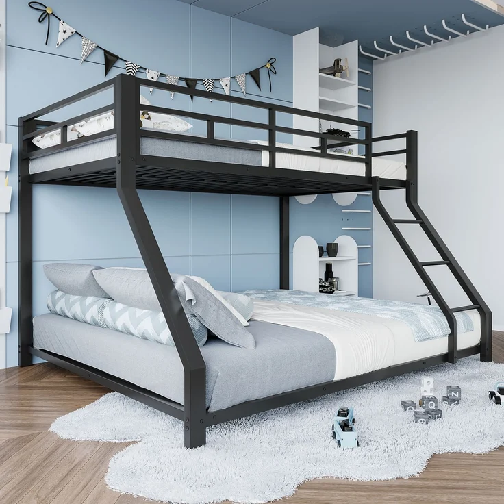 Merax Etagenbett Metallbett 90x200cm+140x200cm mit Schrägleiter und Geländer, Schwarz – Bild 2