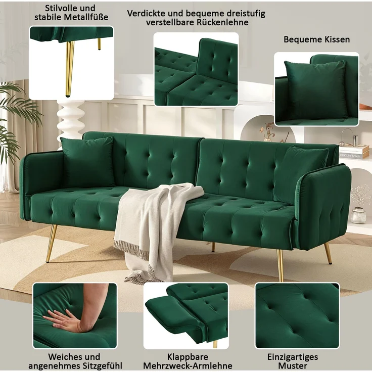 Merax Zweisitzer-Multifunktions-Sofabett mit Bettfunktion, verstellbarer Rückenlehne + mehrstelligen Armlehnen. Modernes Faltsofabett, Grün – Bild 5
