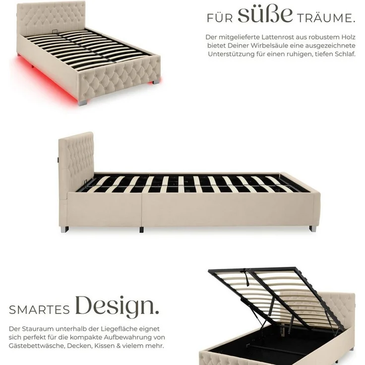 tectake Polsterbett Komfortbett mit LED-Leisten & Stauraum - Samtoptik mit Steppmuster (Bettset, in Samtoptik Sand), stabiler Stahlrahmen, Belastbarkeit 200 kg – Bild 2