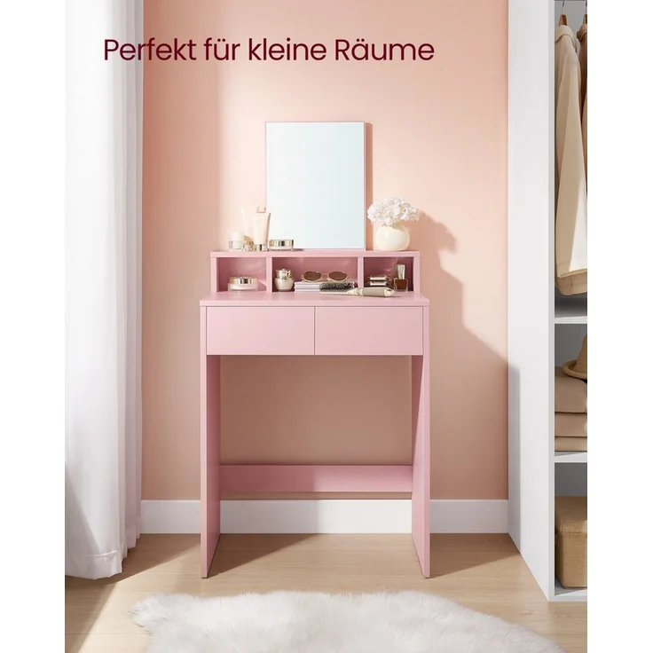Vasagle Schminktisch mit großem Spiegel, 2 Schubladen & 3 offene Fächer, Holz, Pastellrosa, 40 x 60 x 127 cm – Bild 2