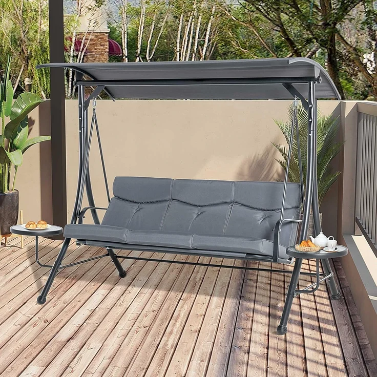 Outsunny Hollywoodschaukel mit verstellbarem Sonnendach, 3-Sitzer, Verstellbares Dach, Gartenschaukel, 1 tlg, Schaukelbank, für Garten, Balkon, Grau – Bild 2