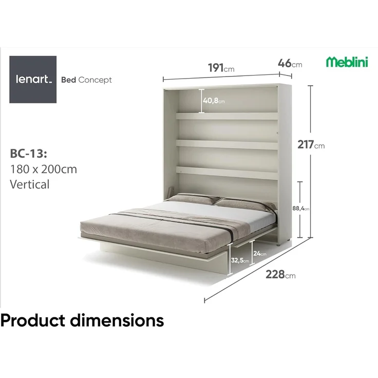 MEBLINI Schrankbett Bed Concept - BC-13 - 180x200cm Vertikal - Kaschmir mit Matratze - Wandbett mit Lattenrost - Klappbett mit Schrank - Wandklappbett - Murphy Bed - Bettschrank – Bild 7
