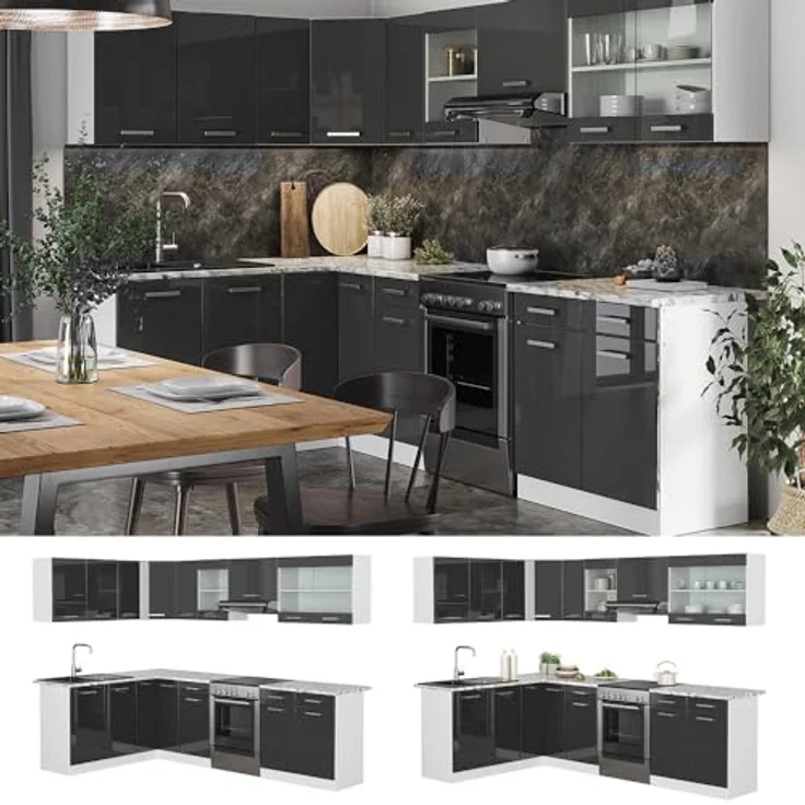 Eckküche Rick Anthrazit Hochglanz/Weiß 270 x 60 cm , AP Marmor mit LED-Leisten Vicco – Bild 8