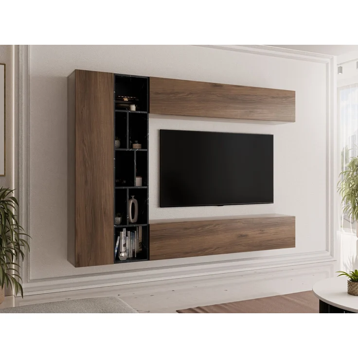 Wohnwand Kodita (Farbe: Nuss Warmia / Marmor Schwarz) – Bild 2