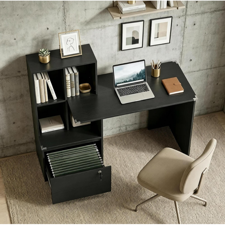 Computerschreibtisch mit 4 Fächern und abschließbarer Schublade, 126x50x109 cm, Schwarz – Bild 2