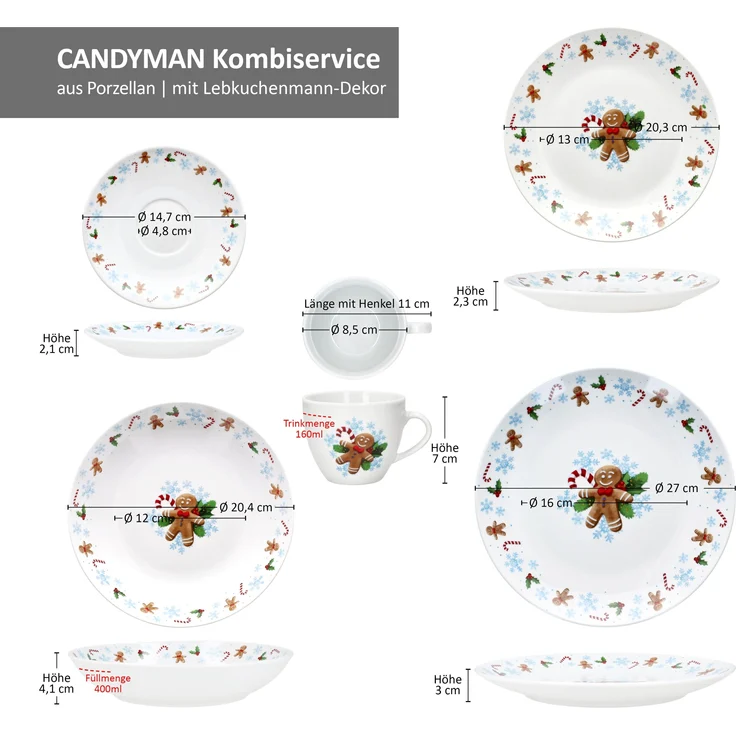 30tlg Kombiservice Candyman Porzellan 6 Personen Teller Tassen Weihnachten blau – Bild 8