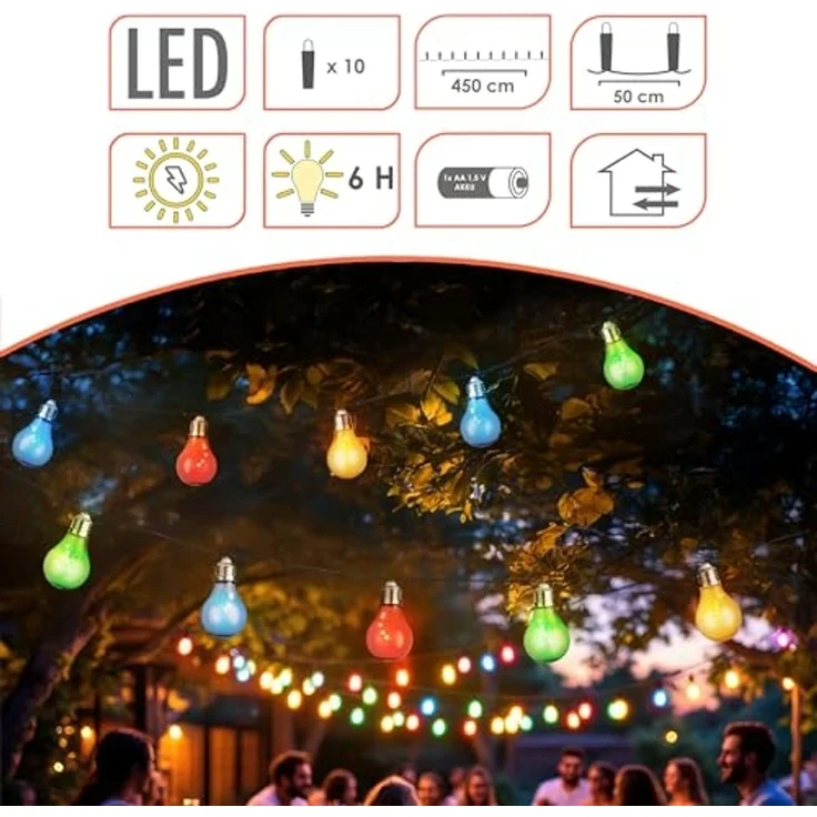 Spetebo LED-Lichterkette Solar mit 10 bunten LED Glühbirnen, 10-flammig, 450 cm lang - Garten Dekobeleuchtung mit farbigen Lampen – Bild 4
