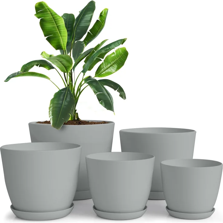 Utopia Home 5er-Pack Blumentopf 18/17/15/13/12 cm Übertopf mit Untertasse Für Küche, Balkon Blumentöpfe mit Untertasse Gartenpflanzen, Baumschule Blumentopf für Zimmerpflanzen Grau.