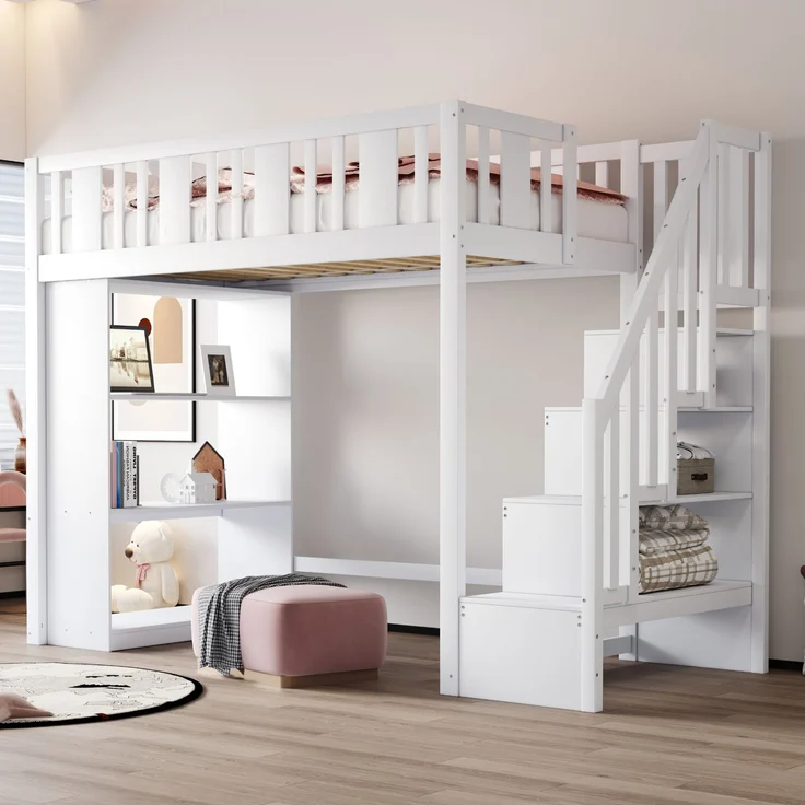 Bett 90x200 cm Hochbett mit Stauraumtreppe aus Kiefernholz, weiß – sicher & platzsparend – Bild 2