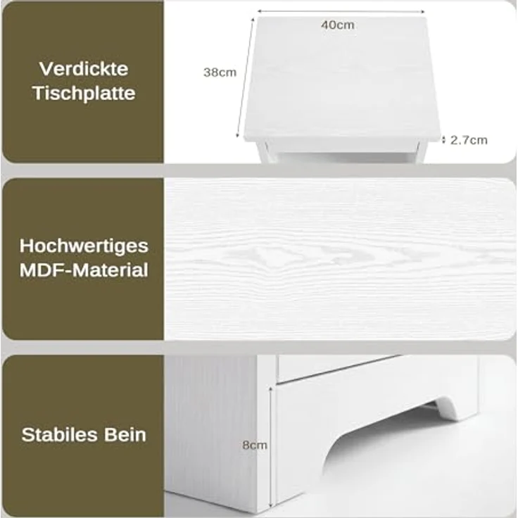 IRONCK Nachttisch, Moderne Nachtkonsole mit 2 Schubladen, Offenem Fach, Beistelltisch mit Herausziehbarer Ablage, Holz-Nachttisch für Schlafzimmer, Wohnzimmer, Weiß – Bild 8