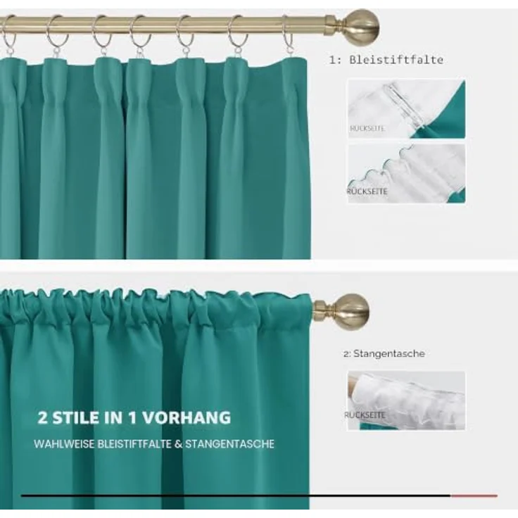 Deconovo Gardinen Wohnzimmer Blickdicht mit Kräuselband für Schienen Türkis | 2er Set, H 175 x B 140 cm, Thermogardine Wärmeisolierend, Schlafzimmer Vorhänge, für Thermal Curtain, UV-schutz, Übergardinen – Bild 6