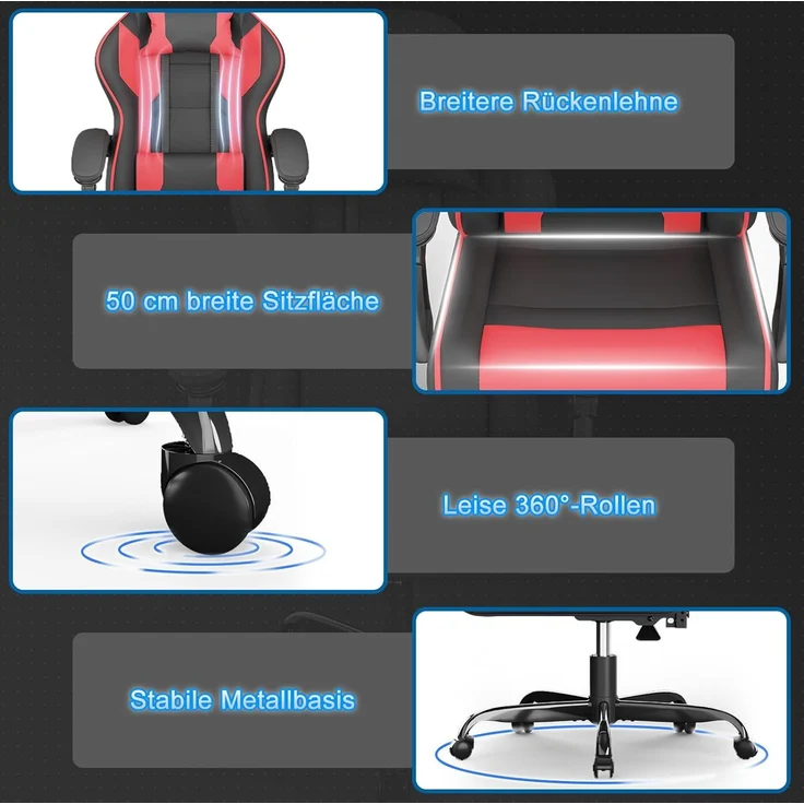 Devoko Gaming Stuhl mit Massagefunktion, Bürostuhl Ergonomisch mit Verstellbarer Ruckenlehne (90-135), Schreibtischstuhl mit Bewegliche Armlehne, max 150kg, rot – Bild 10