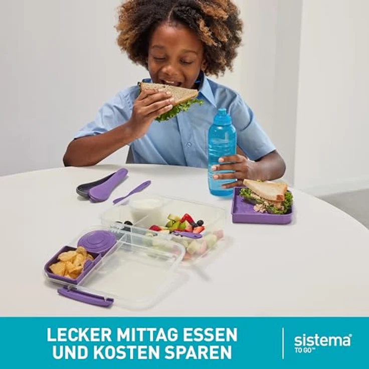 Sistema Bento Box TO GO Brotdose mit Fächern | 1,65 L Lunchbox mit Joghurt- /Fruchtbehälter | Lunchbox Kinder & Erwachsene | Blaugrün – Bild 5