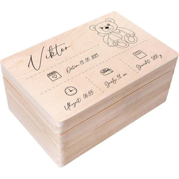 Creative Deco Erinnerungsbox Baby Personalisiert mit Namen 30 x 20 x 14 cm | Individuelle Erinnerungskiste Geschenk zur Geburt für Mädchen und Jungen | Holzkiste mit Deckel | Farbdruck