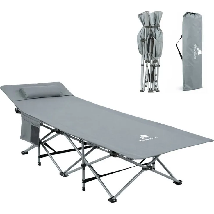 CampFeuer Campingliege Campingbett mit Kopfkissen, Anthrazit, bis 150 kg, 187 x 67 x 48 cm Hohe Belastbarkeit