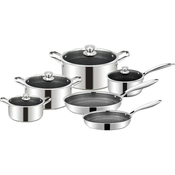 10 tlg Massiv Edelstahl Koch Set Wabenstruktur Induktion Pfanne Top