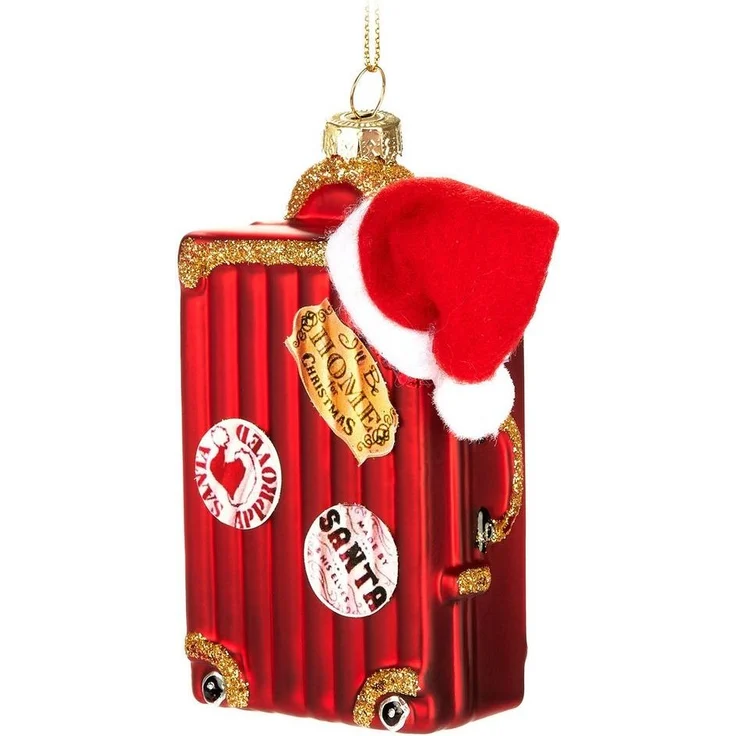 BRUBAKER Weihnachtsbaumkugel Koffer vom Weihnachtsmann - Handbemalte Weihnachtskugel aus Glas (1 St), - 12 cm Baumkugel Weihnachtskoffer Rot mit Weihnachtsmütze – Bild 2