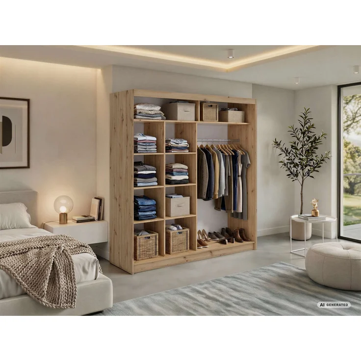 Schwebetürenschrank NAURU mit Lamellen-Optik, moderner Kleiderschrank, Breite 200 cm, inkl. Innenausstattung & Stauraum, Akustikpaneel-Design - Eiche Artisan und Schwarz – Bild 3