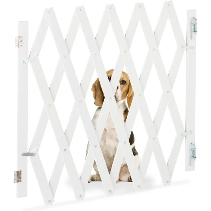 Relaxdays Hundeabsperrgitter ausziehbar bis 126 cm, 70-82 cm hoch, Bambus, Hunde Schutzgitter, für Treppe & Tür, Weiß – Bild 1