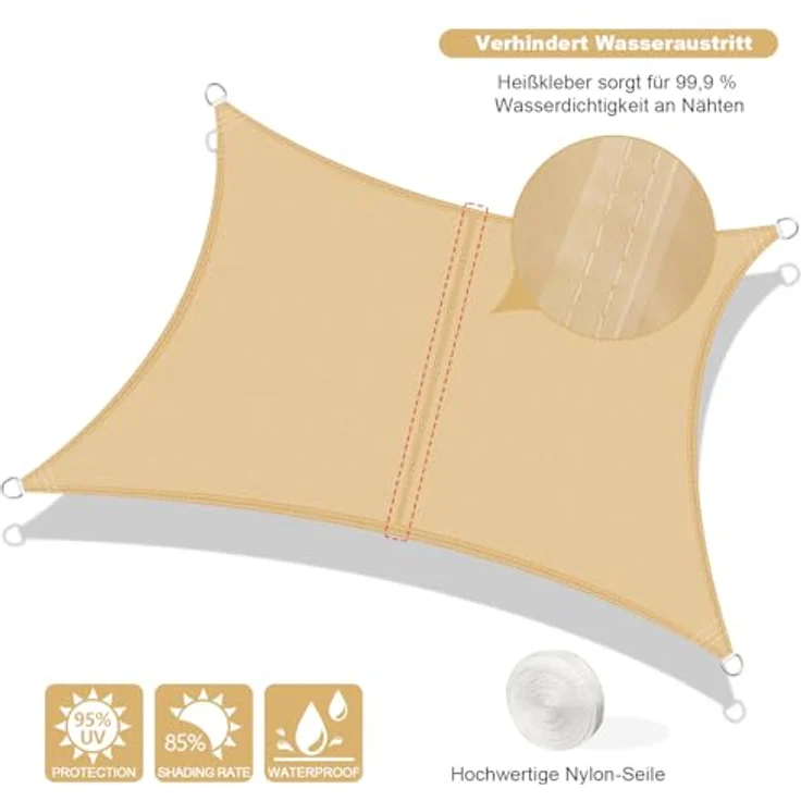 AXT SHADE Sonnensegel Wasserdicht Quadratisch 3x3 m Wetterschutz Sonnenschutz PES Polyester mit UV Schutz für Terrasse Balkon Garten-Sand(Wir Machen Sondergrößen) – Bild 3