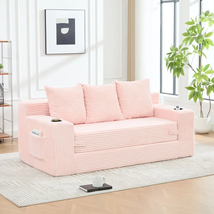 EINHOM Dreier-Sofa aus Baumwoll- und Leinenstoff, mit Getränkehalter und seitlichen Taschen, kann in drei Sitzplätze umgewandelt werden, rahmenloser Design mit gestrickten Kissen und Rückenlehne, großes Sitz
