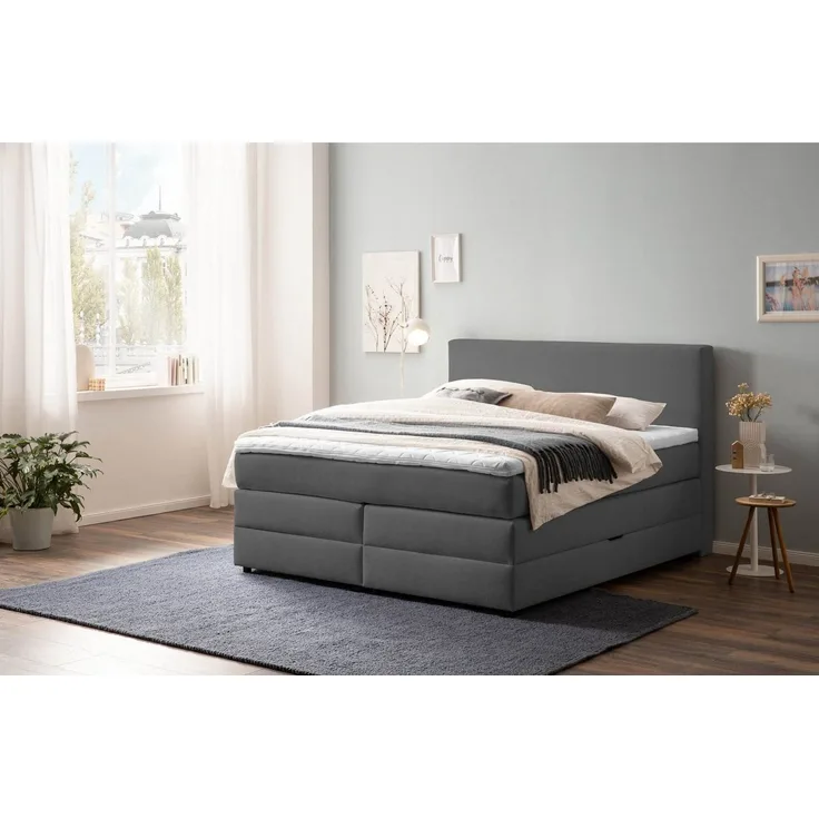 Belanoti Boxspringbett LOFT (Boxspringbett 160x200 mit Bettkasten, 7-Zonen Taschenfederkern Matratze inklusive Visco Topper), Bett 160x200 in der Farbe Anthrazit H2/H3 Polsterbett