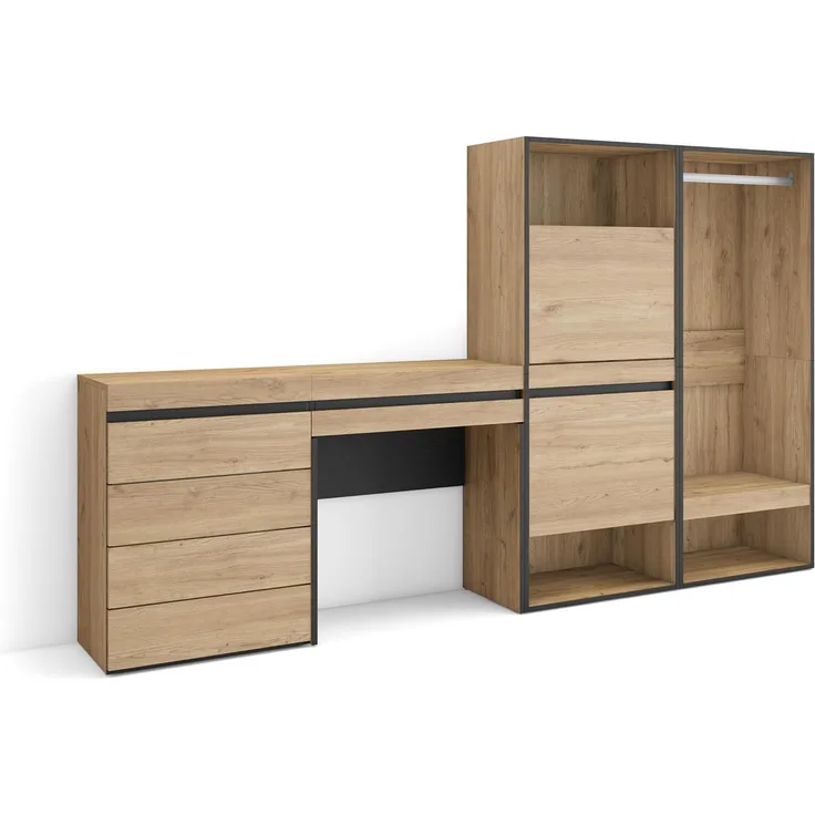 Skraut Home | Schuhregal, Schuhschrank | Schuhaufbewahrung | 247 x 145 x 35 cm | Für Schlafzimmer, Zimmer | Offener Kleiderschrank | Kommode mit Schubladen | Schminktisch | Moderner Stil | Eiche