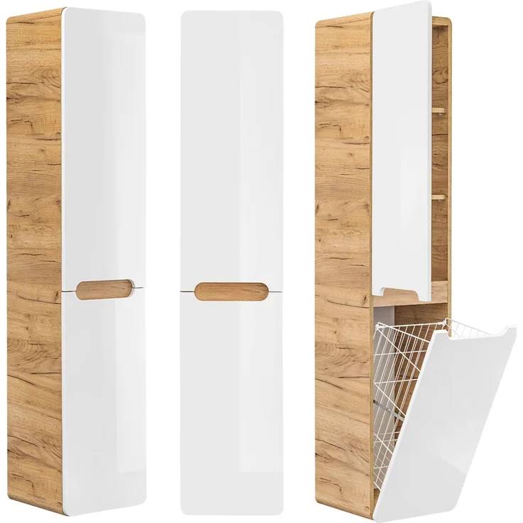 Badmöbel Hochschrank mit Wäschekorb LUTON-56 Wotan Eiche Nb. mit Hochglanz weiß, B/H/T ca. 35 x 170 x 35cm