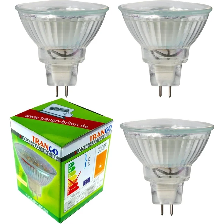 TRANGO LED-Leuchtmittel, 3er Set MR16030 LED Leuchtmittel mit MR16 Fassung zum Austausch herkömmlicher Halogen Leuchtmittel MR16 I GU5.3 I G4 12 Volt 3000K warmweiß, 3 St, Glühlampe, Reflektor Lampe, LED Birnen – Bild 1