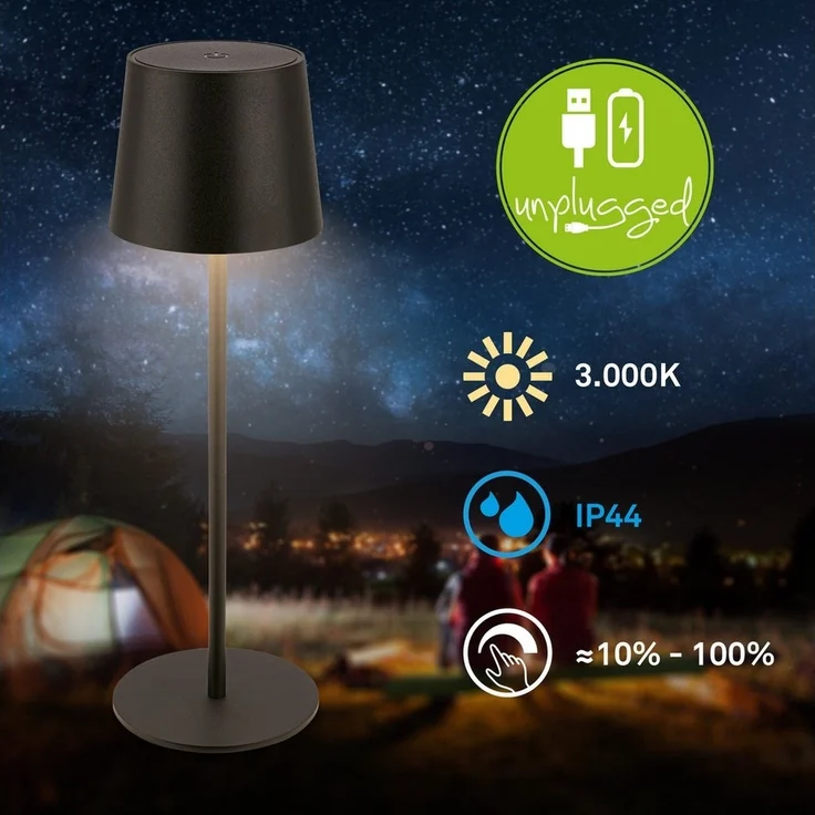 BRILONER - LED Tischlampe kabellos IP44 mit Touch, dimmbar, Akku & Lichtquelle tauschbar, Nachttischlampe, Leselampe, LED Lampe, Campinglampe, Tischleuchte, Akkulampe, Outdoor, 11x34,5 cm, Schwarz – Bild 3