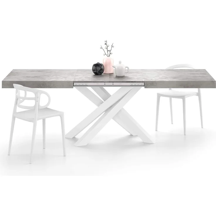 MOBILI FIVER, Ausziehbarer Tisch Emma 160, Grauer Beton mit weißen X-Beinen, Laminiert/Eisen, Made in Italy