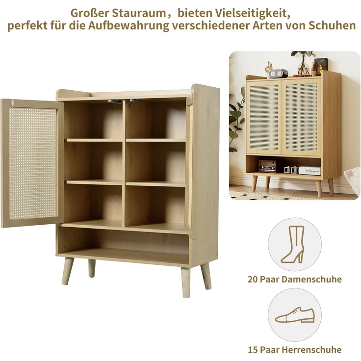 Schuhschrank mit Rattantüren & Push-Open, eiche, 80x35x105 cm – Bild 7