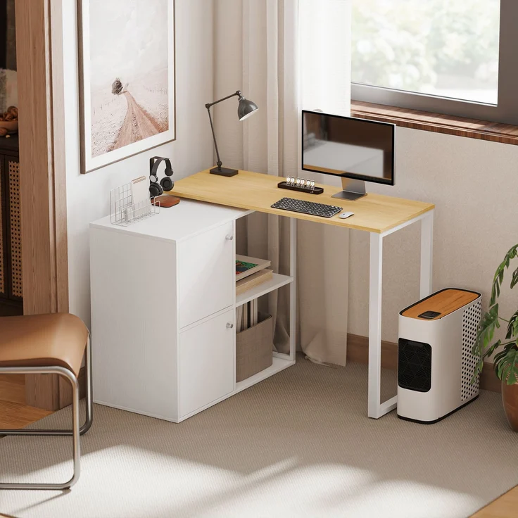 Schreibtisch L-förmig, 360° drehbarer Eckschreibtisch mit 2 Lagerschränken, 2 offenen Regalen, Computertisch für kleine Räume, Arbeitszimmer, Wohnzimmer, 150x40x75 cm, Weiß--Weiß--75x40x150cm--YOUDENOVA – Bild 3