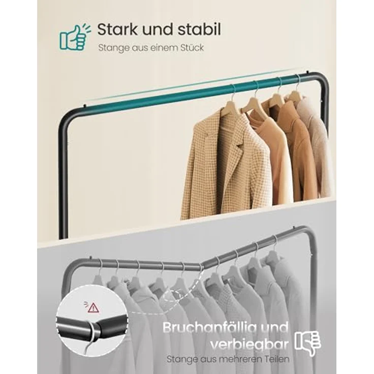 SONGMICS Kleiderständer, Kleiderstange auf Rollen, Garderobenständer, 2 Rollen mit Bremse, Schlafzimmer, bis 50 kg belastbar, 38 x 110 x 141,5 cm, tintenschwarz HSR016BH01 – Bild 4