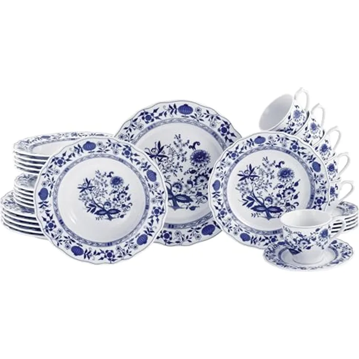 Creatable Kombiservice Flora Zwiebelmuster, 30-teiliges Geschirrset aus Keramik, Blau und Weiß, lebensmittelecht und stapelbar, 200 ml