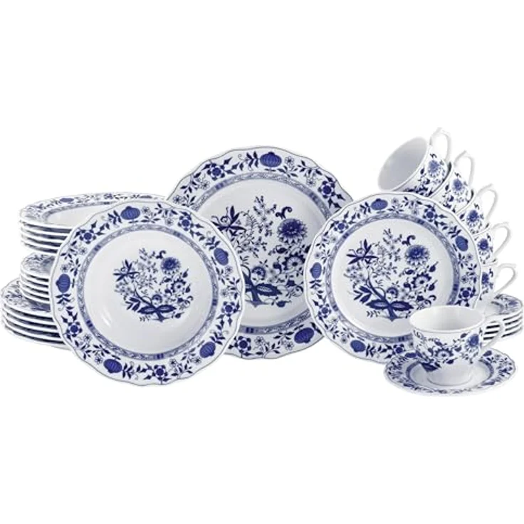 Creatable Kombiservice Flora Zwiebelmuster, 30-teiliges Geschirrset aus Keramik, Blau und Weiß, lebensmittelecht und stapelbar, 200 ml – Bild 1